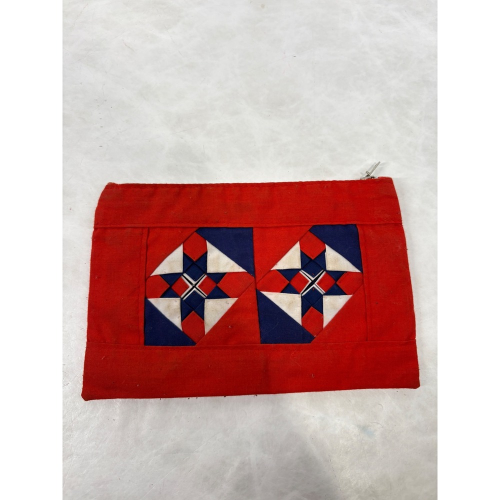 Vintage Lao Song Handicrafts Patchwork Zipper Pouch Red Blue White Thailand Bag